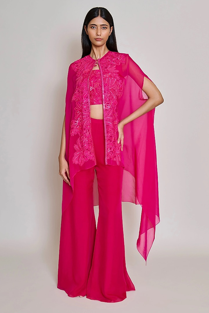 Fuchsia Organza Embroidered Cape Set by Mishru at Pernia's Pop Up Shop