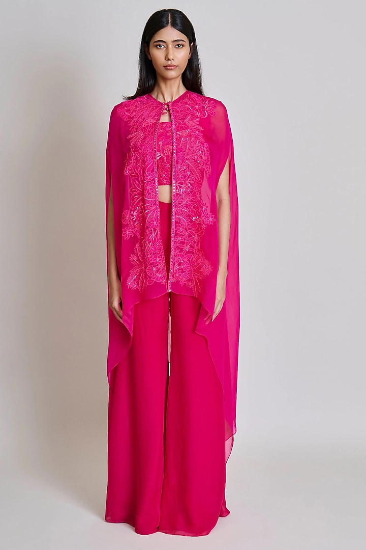 Fuchsia Organza Embroidered Cape Set by Mishru at Pernia's Pop Up Shop