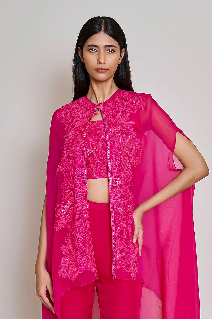 Fuchsia Organza Embroidered Cape Set by Mishru at Pernia's Pop Up Shop