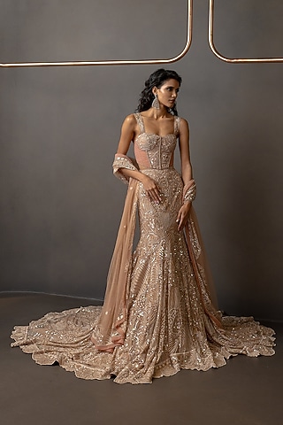 Husna Brown Tulle Fish-Cut Skirt Set by Mishru