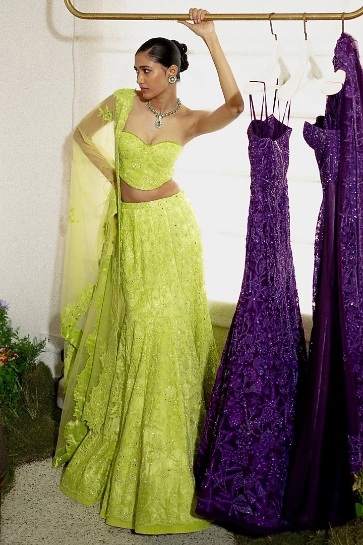 Lime Tulle Wildflower Embroidered Skirt Set by Mishru at Pernia's Pop Up Shop