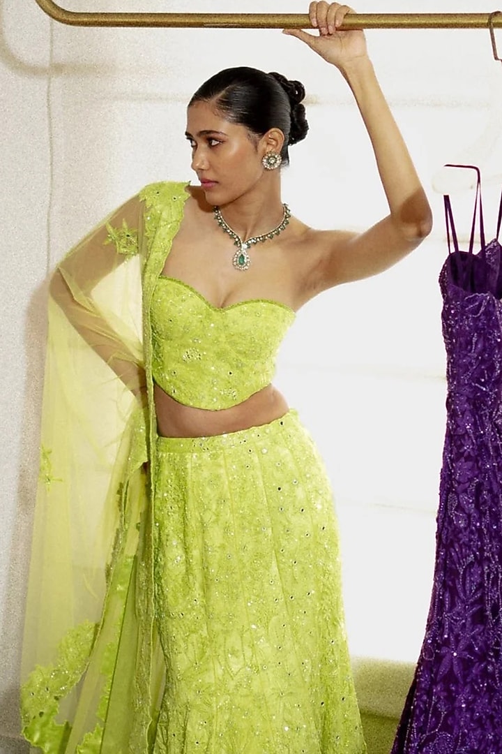 Lime Tulle Wildflower Embroidered Skirt Set by Mishru at Pernia's Pop Up Shop