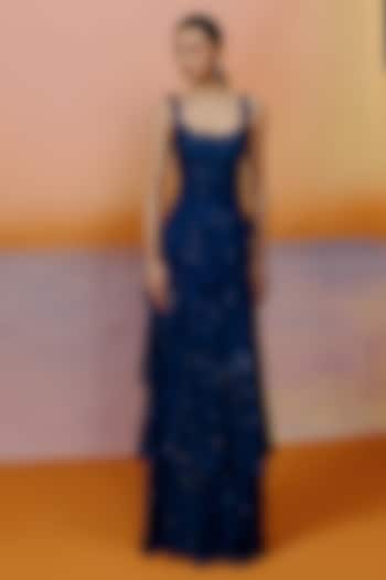 Navy Blue Chiffon Embroidered Layered Bridal Gown by Mishru at Pernia's Pop Up Shop
