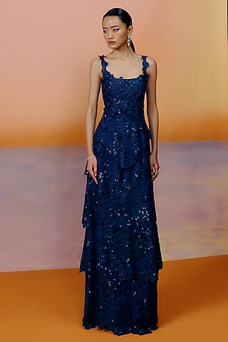 Navy Blue Chiffon Embroidered Layered Gown by Mishru