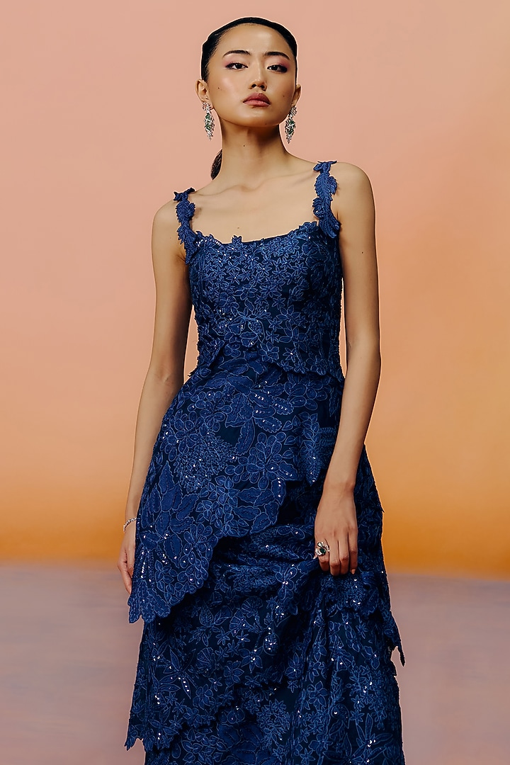 Navy Blue Chiffon Embroidered Layered Bridal Gown by Mishru at Pernia's Pop Up Shop