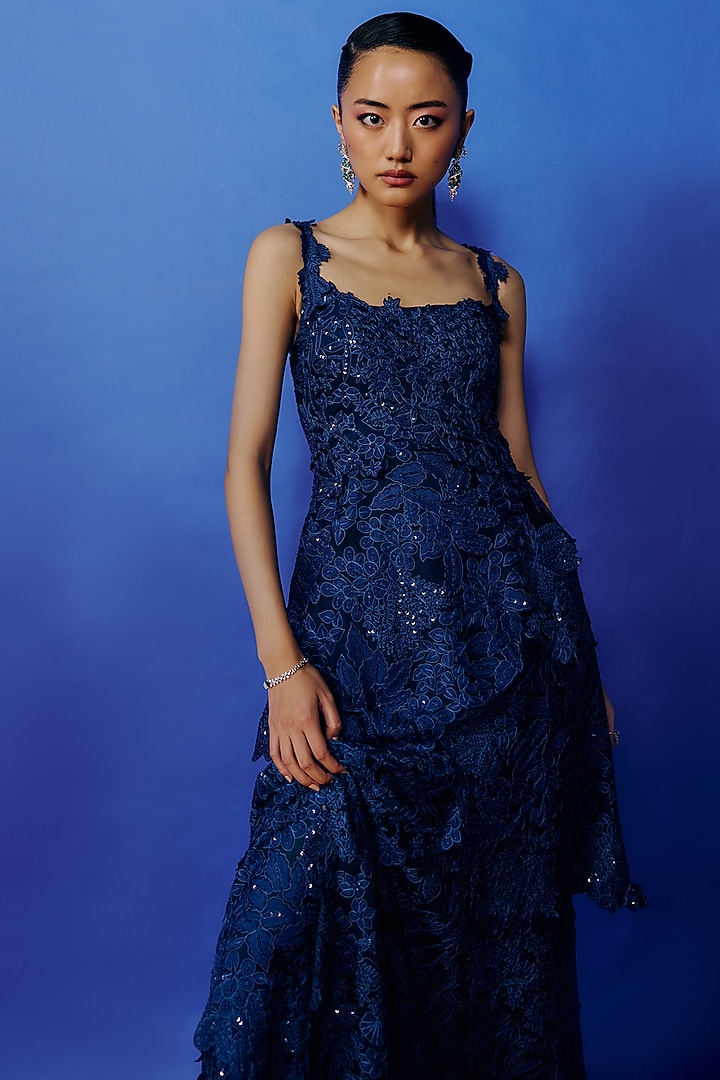 Navy Blue Chiffon Embroidered Layered Bridal Gown by Mishru at Pernia's Pop Up Shop