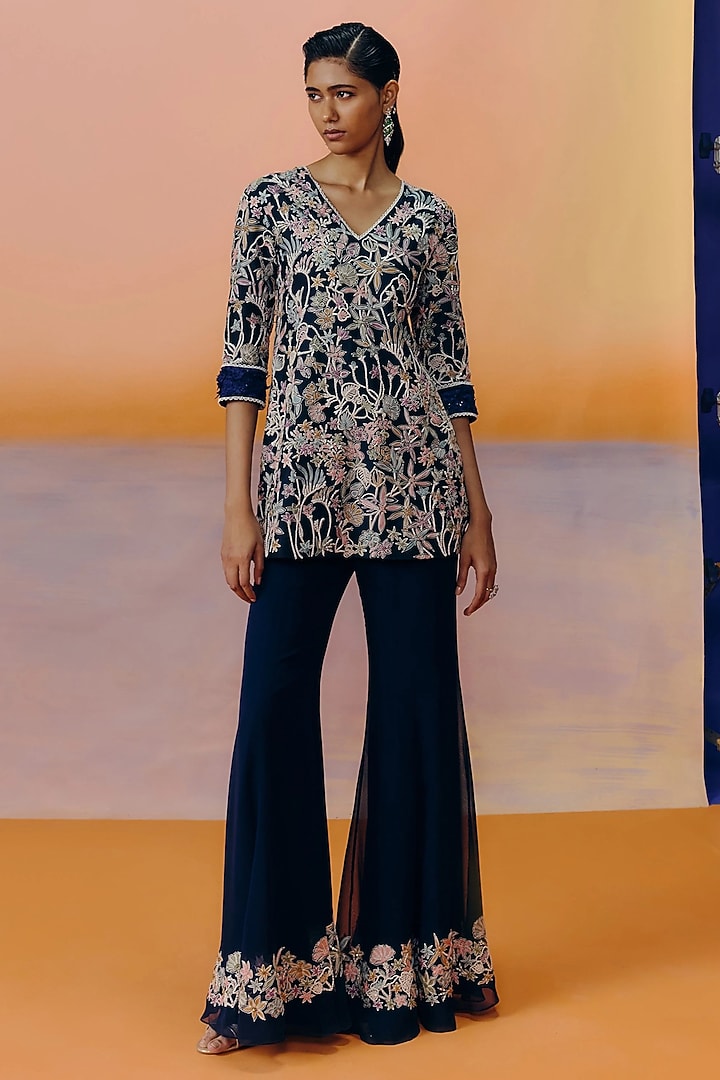 Navy Blue Organza Embroidered Kurta Set by Mishru at Pernia's Pop Up Shop