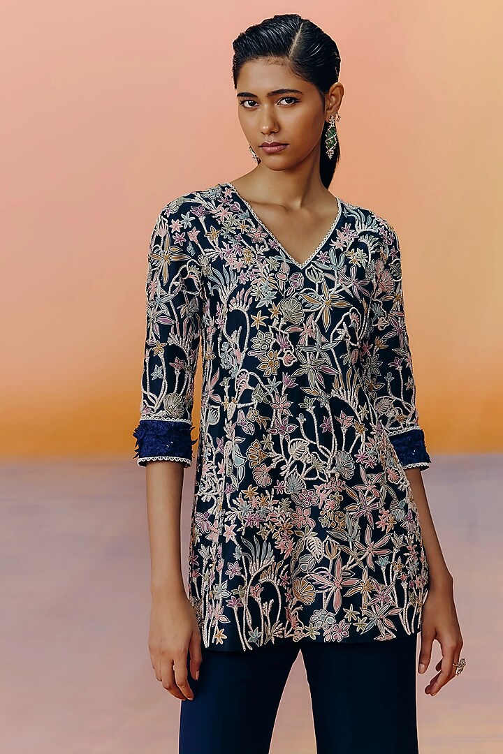 Navy Blue Organza Embroidered Kurta Set by Mishru at Pernia's Pop Up Shop