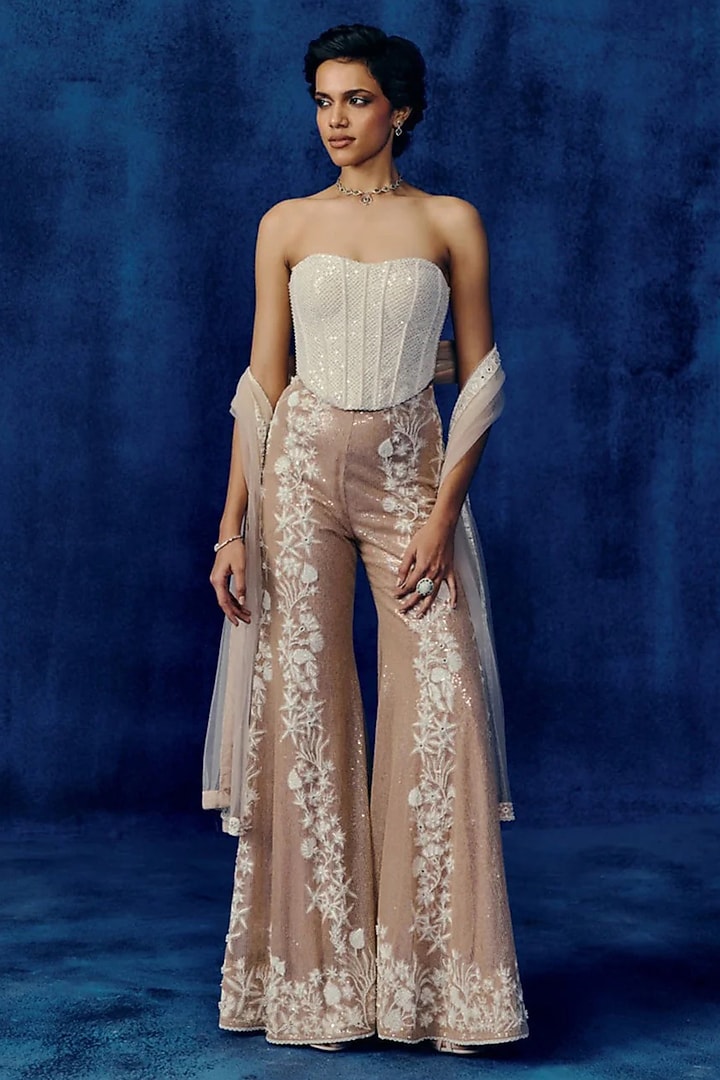 Champagne Tulle Floral Embroidered Co-Ord Set by Mishru at Pernia's Pop Up Shop