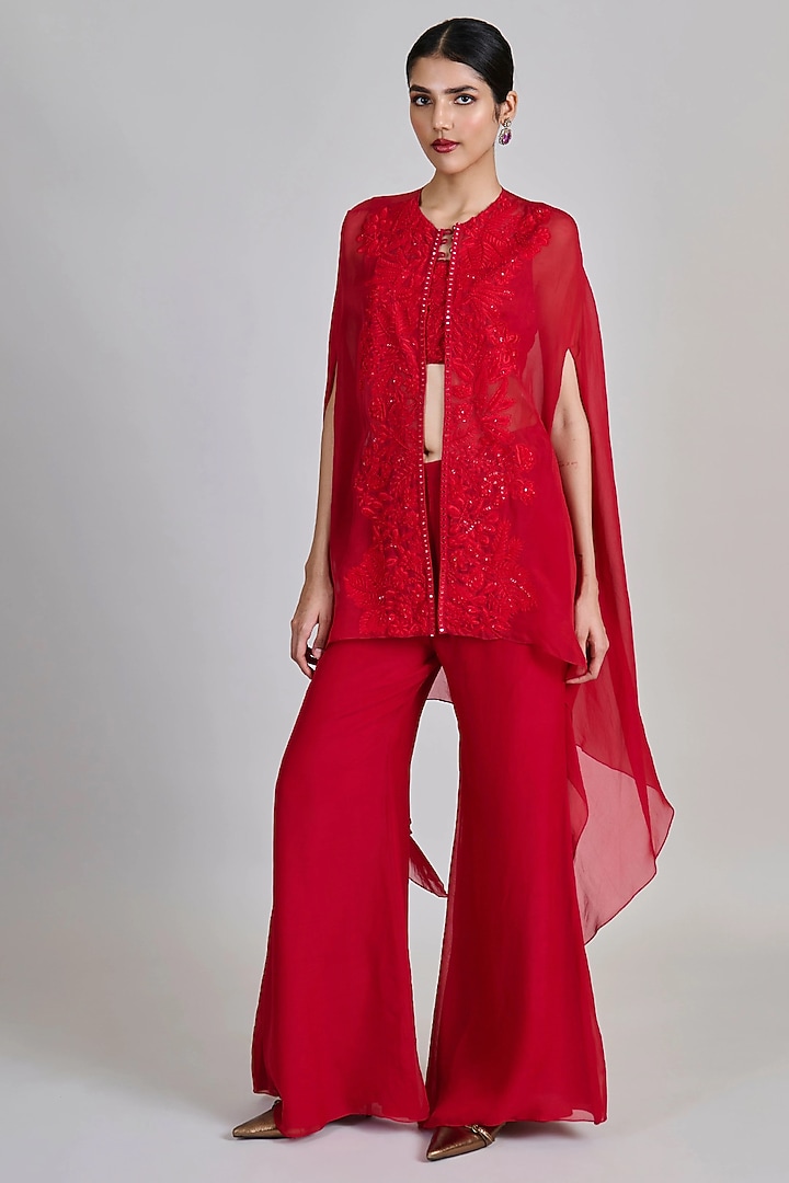 Red Organza Floral Embroidered Cape Set by Mishru at Pernia's Pop Up Shop