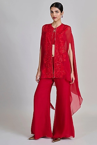 Red Organza Floral Embroidered Cape Set by Mishru