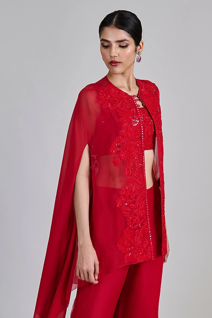 Red Organza Floral Embroidered Cape Set by Mishru at Pernia's Pop Up Shop