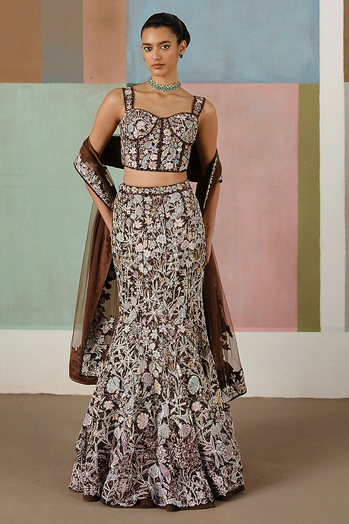 Brown Tulle Flower Embroidered Skirt Set by Mishru at Pernia's Pop Up Shop