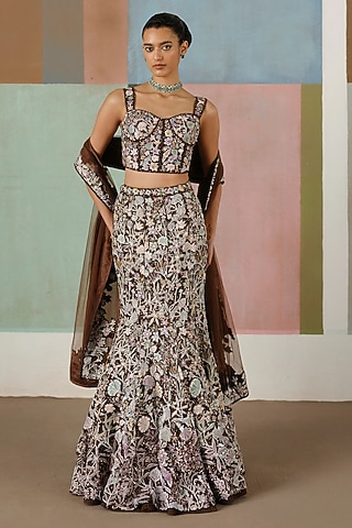 Brown Tulle Flower Embroidered Skirt Set by Mishru