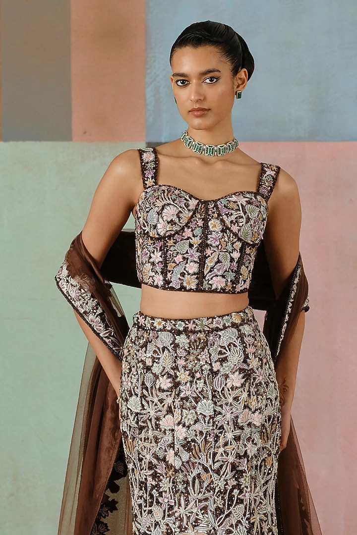 Brown Tulle Flower Embroidered Skirt Set by Mishru at Pernia's Pop Up Shop