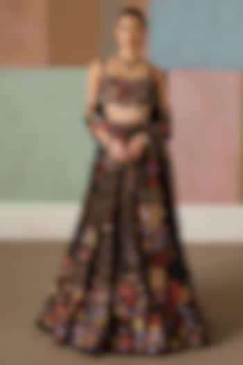 Black Organza Wildflower Embroidered Bridal Lehenga Set by Mishru at Pernia's Pop Up Shop