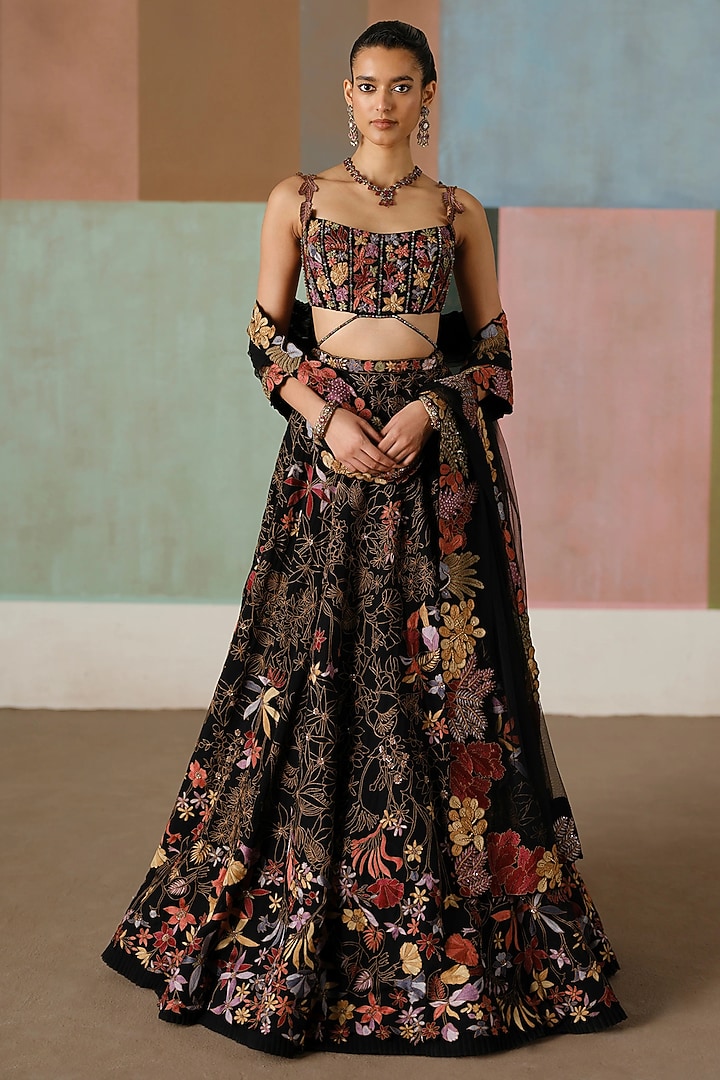 Black Organza Wildflower Embroidered Bridal Lehenga Set by Mishru at Pernia's Pop Up Shop
