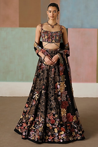 Black Organza Wildflower Embroidered Lehenga Set by Mishru