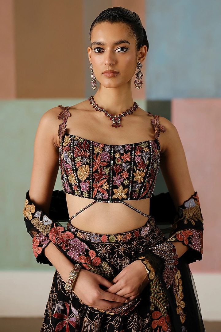 Black Organza Wildflower Embroidered Bridal Lehenga Set by Mishru at Pernia's Pop Up Shop