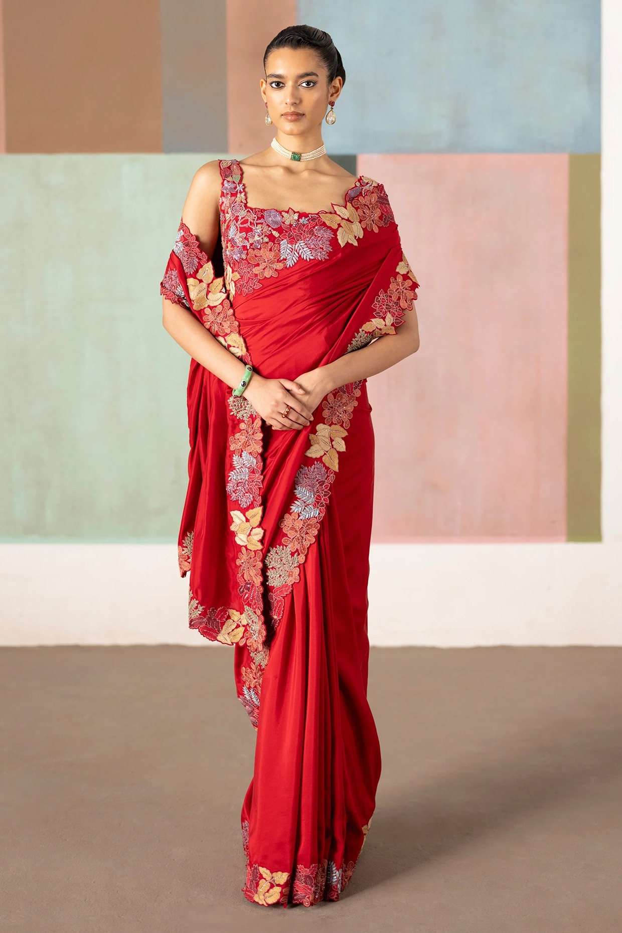 Mishru Red Silk Wildflower Embroidered Saree Set