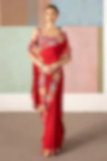 Red Silk Wildflower Embroidered Bridal Saree Set by Mishru at Pernia's Pop Up Shop