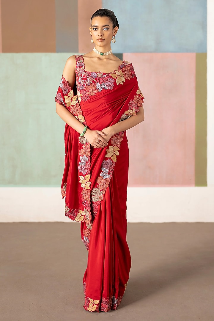 Red Silk Wildflower Embroidered Bridal Saree Set by Mishru at Pernia's Pop Up Shop