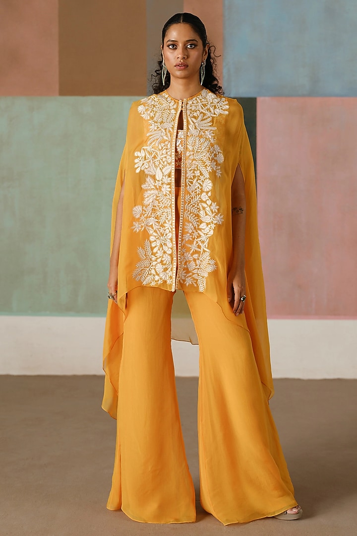 Tangerine Organza Floral Embroidered Pleated Cape Set by Mishru at Pernia's Pop Up Shop