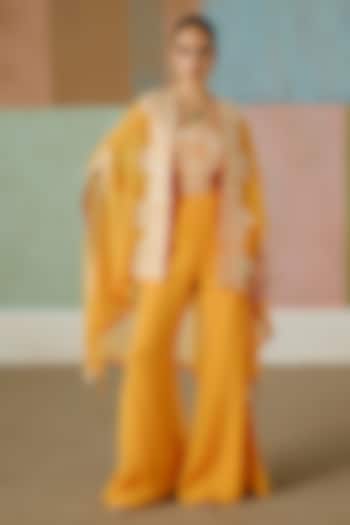 Tangerine Organza Floral Embroidered Pleated Cape Set by Mishru at Pernia's Pop Up Shop