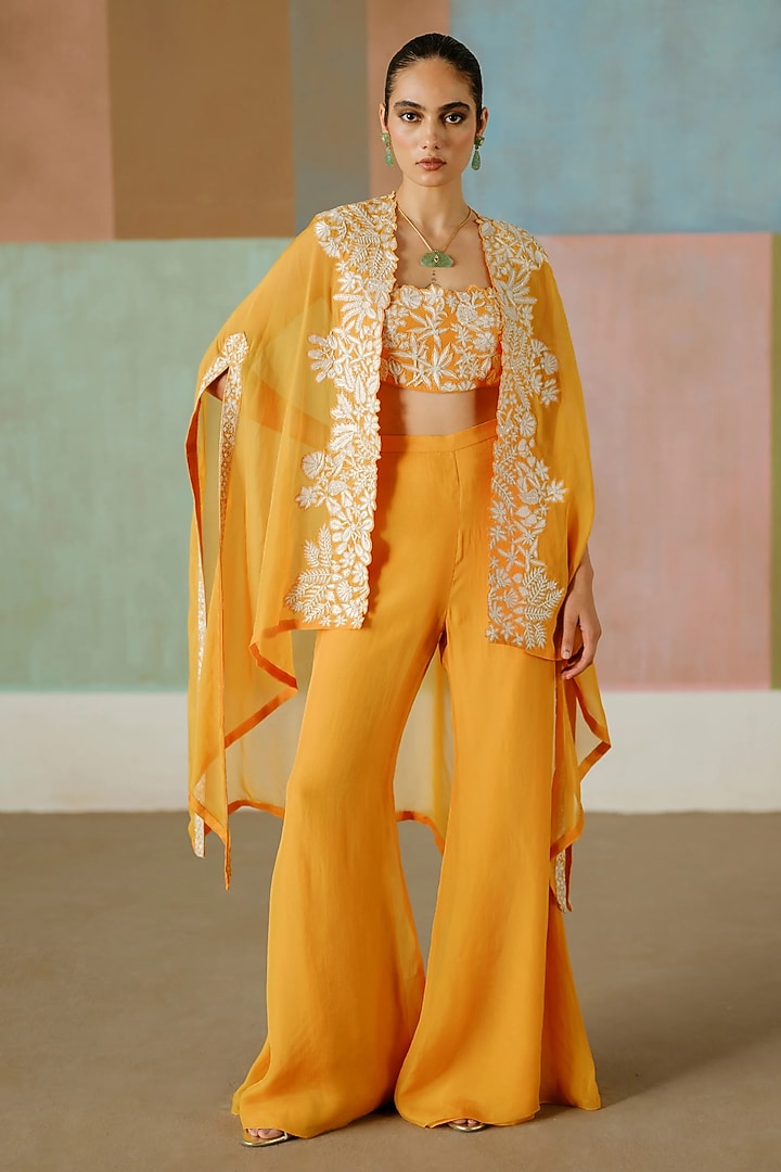 Tangerine Organza Floral Embroidered Pleated Cape Set by Mishru at Pernia's Pop Up Shop