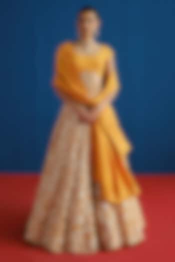 Tangerine Organza Floral Embroidered Bridal Lehenga Set by Mishru at Pernia's Pop Up Shop