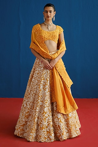 Tangerine Organza Floral Embroidered Lehenga Set by Mishru