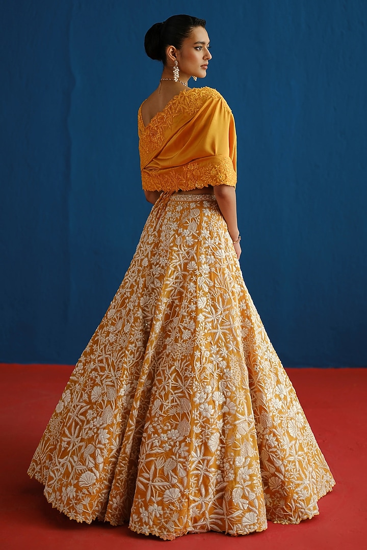 Tangerine Organza Floral Embroidered Bridal Lehenga Set by Mishru at Pernia's Pop Up Shop