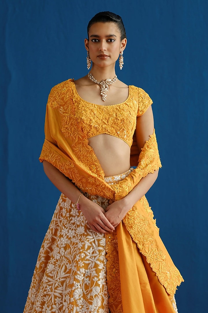 Tangerine Organza Floral Embroidered Bridal Lehenga Set by Mishru at Pernia's Pop Up Shop