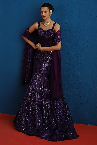 Purple Tulle Sequins Embroidered Lehenga Set by Mishru