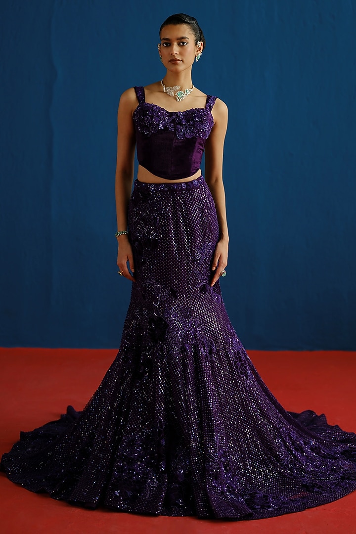 Purple Tulle Sequins Embroidered Bridal Lehenga Set by Mishru at Pernia's Pop Up Shop