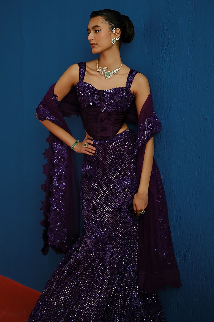Purple Tulle Sequins Embroidered Bridal Lehenga Set by Mishru at Pernia's Pop Up Shop