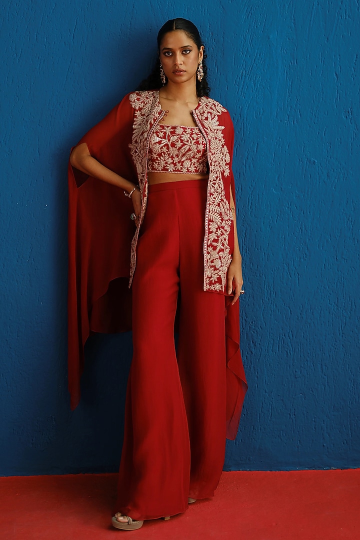 Red Organza Floral Embroidered Cape Set by Mishru at Pernia's Pop Up Shop