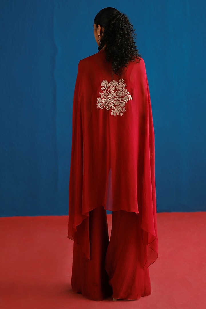 Red Organza Floral Embroidered Cape Set by Mishru at Pernia's Pop Up Shop