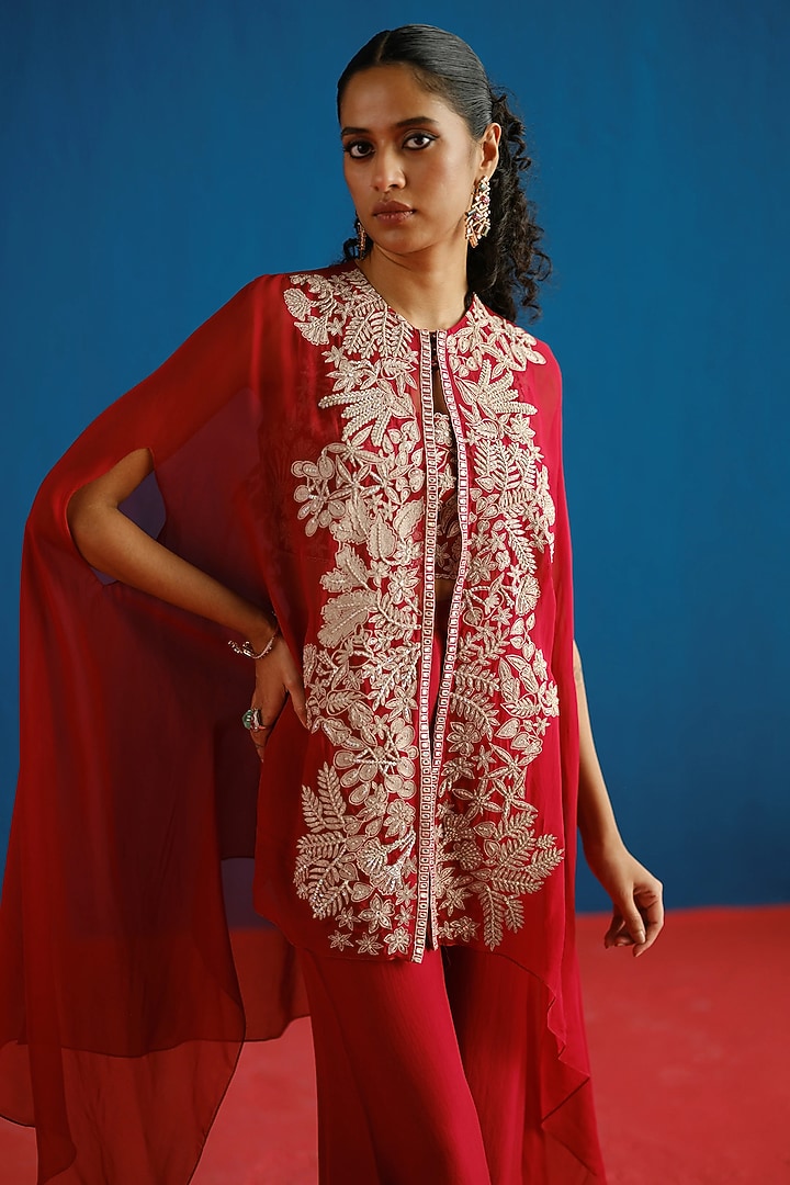 Red Organza Floral Embroidered Cape Set by Mishru at Pernia's Pop Up Shop
