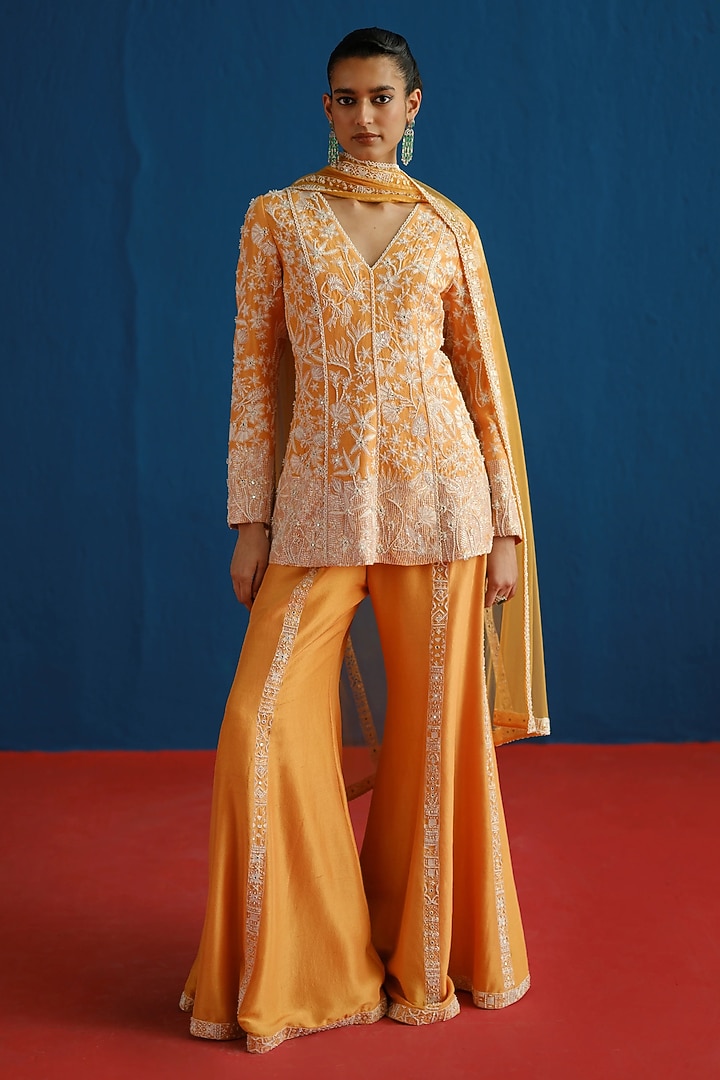 Tangerine Silk Floral Embroidered Kurta Set by Mishru at Pernia's Pop Up Shop