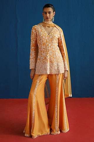 Tangerine Silk Floral Embroidered Kurta Set by Mishru
