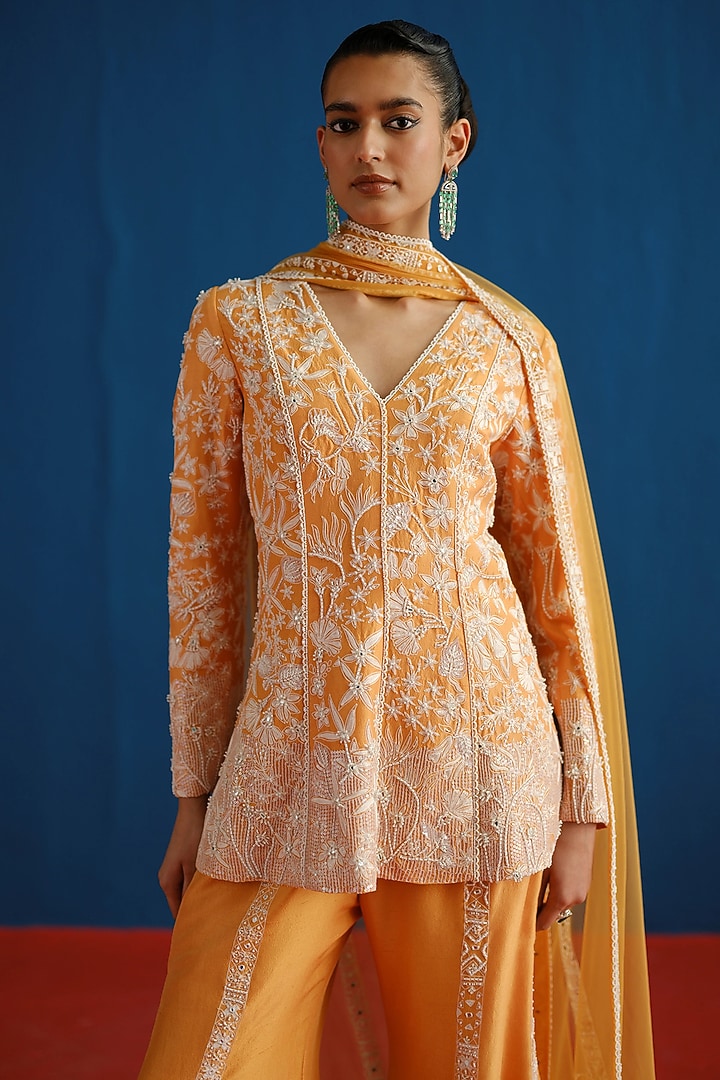 Tangerine Silk Floral Embroidered Kurta Set by Mishru at Pernia's Pop Up Shop