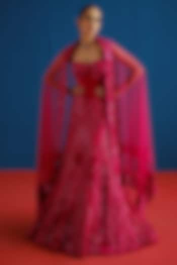 Fuchsia Tulle Sequins Embroidered Skirt Set by Mishru at Pernia's Pop Up Shop
