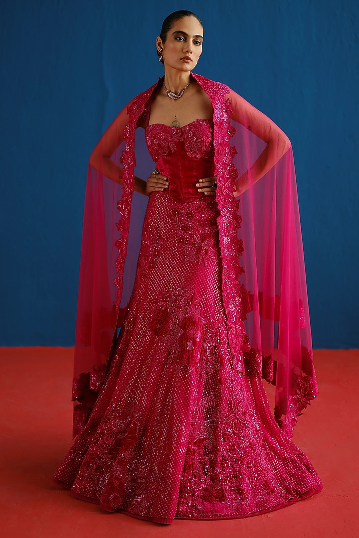 Fuchsia Tulle Sequins Embroidered Skirt Set by Mishru at Pernia's Pop Up Shop