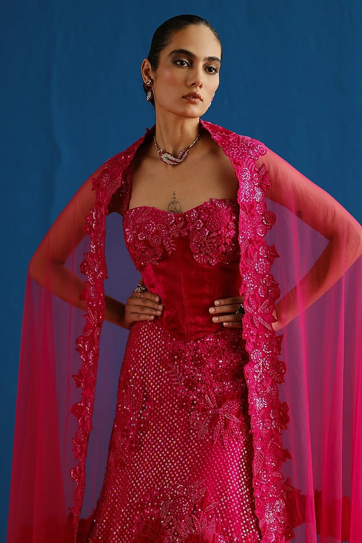 Fuchsia Tulle Sequins Embroidered Skirt Set by Mishru at Pernia's Pop Up Shop