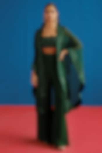 Dark Green Organza Floral Embroidered Cape Set by Mishru at Pernia's Pop Up Shop