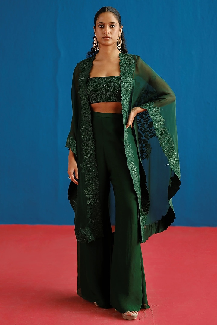 Dark Green Organza Floral Embroidered Cape Set by Mishru at Pernia's Pop Up Shop