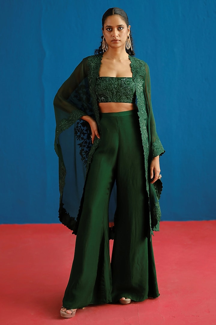 Dark Green Organza Floral Embroidered Cape Set by Mishru at Pernia's Pop Up Shop