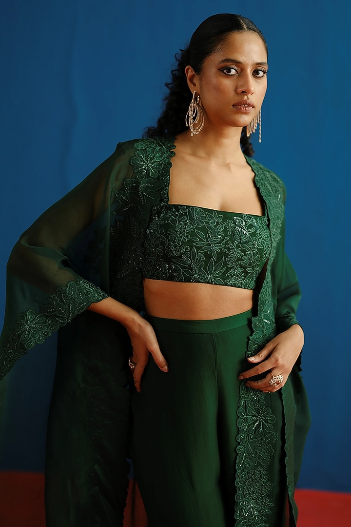 Dark Green Organza Floral Embroidered Cape Set by Mishru at Pernia's Pop Up Shop