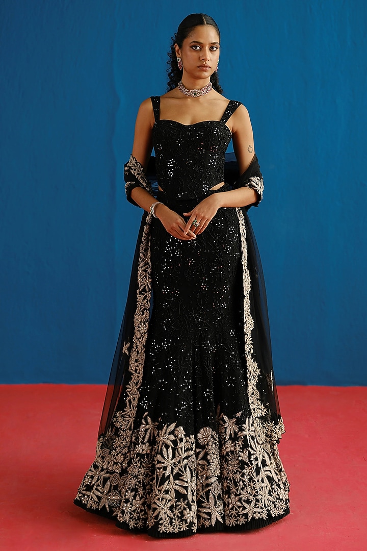 Black Tulle Floral Embroidered Fish-Cut Skirt Set by Mishru at Pernia's Pop Up Shop